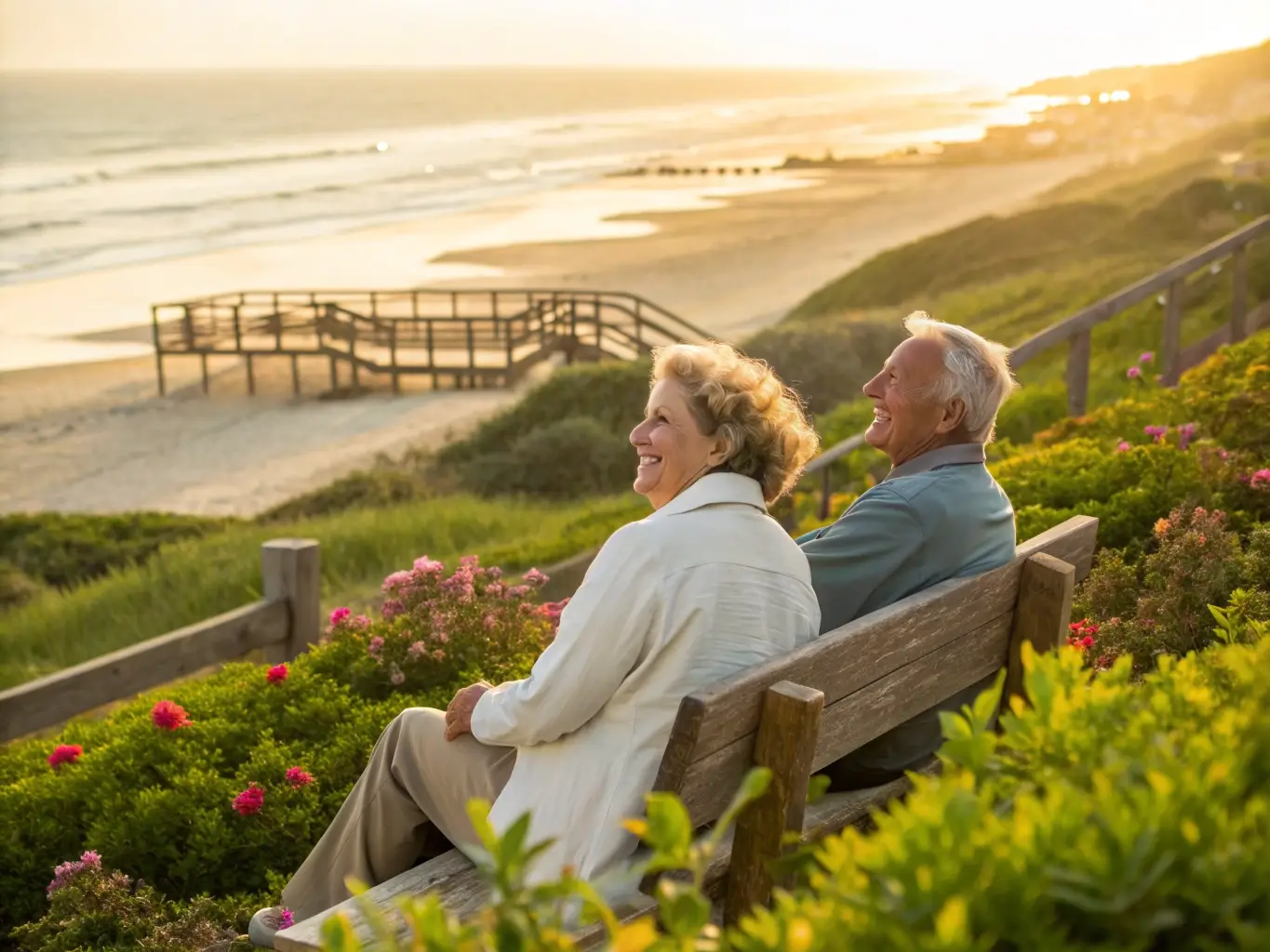 Older Couple Enjoying NC beach because they have their Medicare coverage taken care of by the Waymark Benefits Brokers
